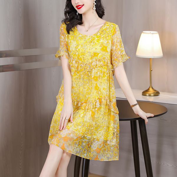 

casual dresses summer new yellow silk short sleeve floral print dress beach style oversized loose and slim ruffled silk skirt 230505, Black;gray