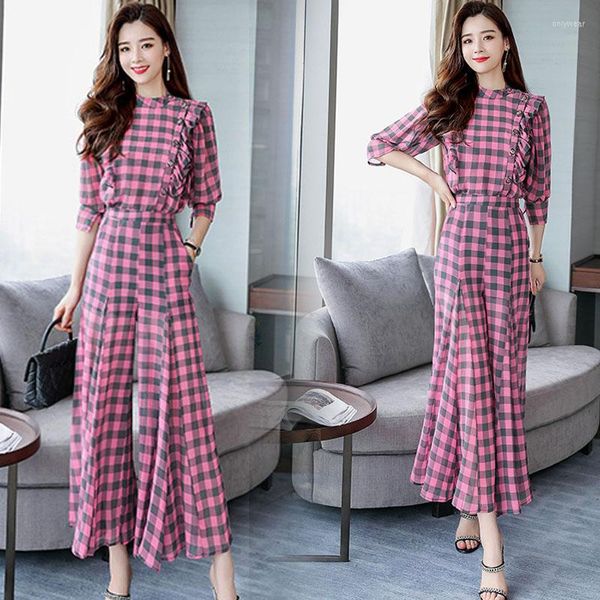 

Women's Two Piece Pants Chiffon Two-Piece Sets Summer Women's High-End OL Shirt Plaid Fashion Wide-Leg Suits, Pink