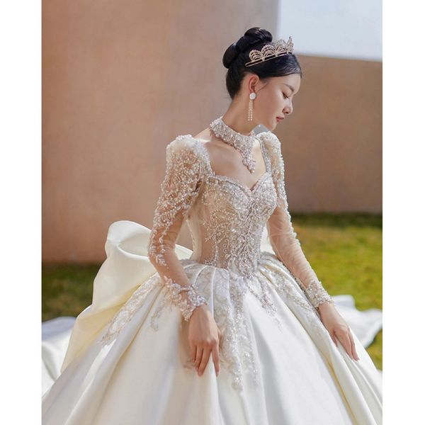 

luxury beading wedding dress pearl long sleeve vintage princess satin bow sequin crystal square collar bridal gown sweep train, White