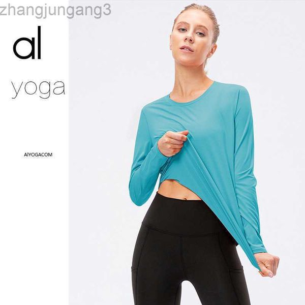 

desginer alo yoga t shirt al nude suit long sleeve women's long sport t-shirt loose cover up fitness suit, White