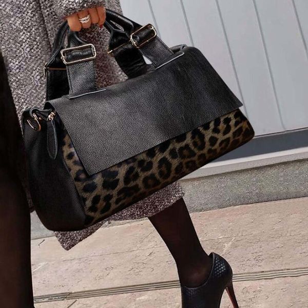 

evening bags fashion genuine leather big tote handbags leopard pattern soft cowhide travel tote ladies long strap shoulder weekend bags 2305