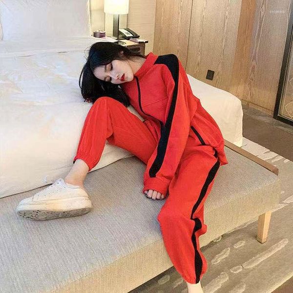 

Women' Two Piece Pants Casual Sportswear Suit Female Spring Autumn Korean Style Zipped & Red Loose BF Hip Hop Long Sleeve Two-Piece