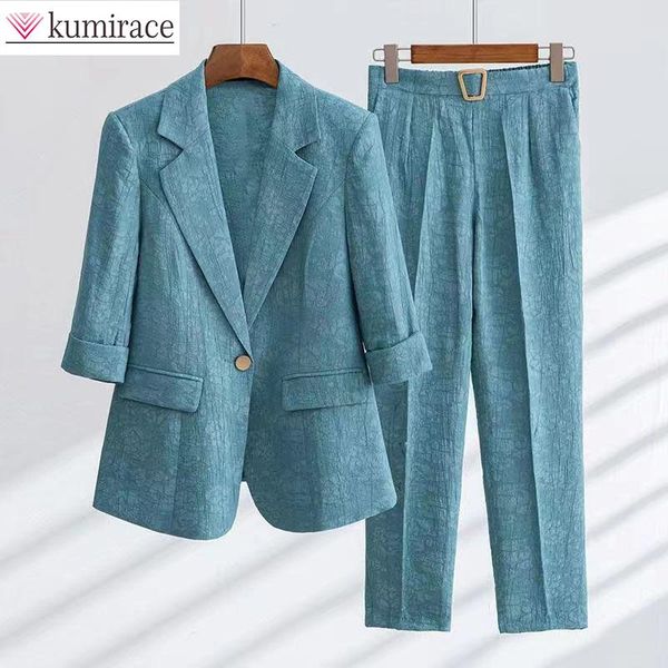 

pants 2022 new korean fashion suit elegant women's summer clothes thin 7point sleeve printed jacket straight pants twopiece set, White
