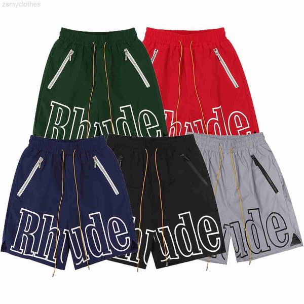 

men's shorts 23ss rhude men women casual mesh leather embroidered nylon drawstring zipper high quality, White;black