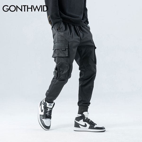 

men's pants gonthwid side zipper pockets cargo harem joggers men 2023 hip hop casual harajuku streetwear sweatpant trousers male 230428, Black