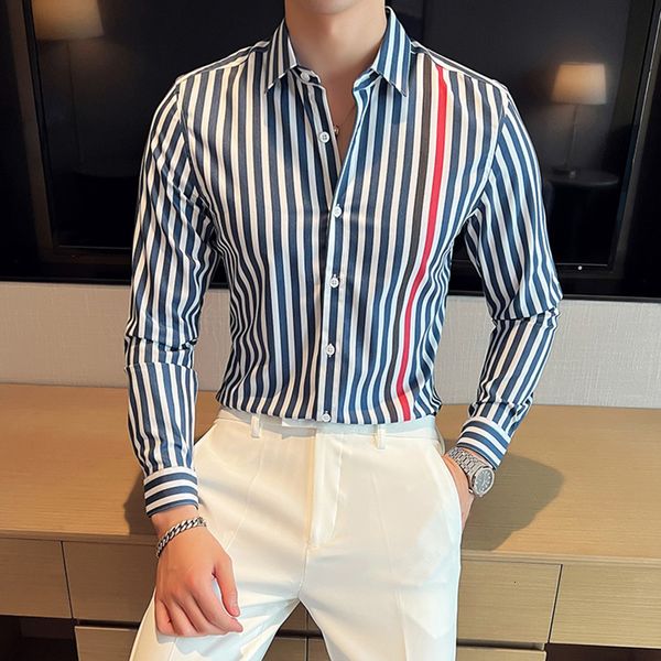 

men's casual shirts british style long sleeved striped shirt mens new slim fit casual dress shirt streetwear social party clothing plus, White;black
