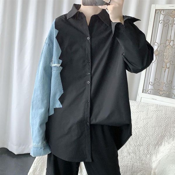

men's casual shirts stylish lapel spliced all-match asymmetrical shirt men's clothing spring new loose casual long sleeve korean, White;black
