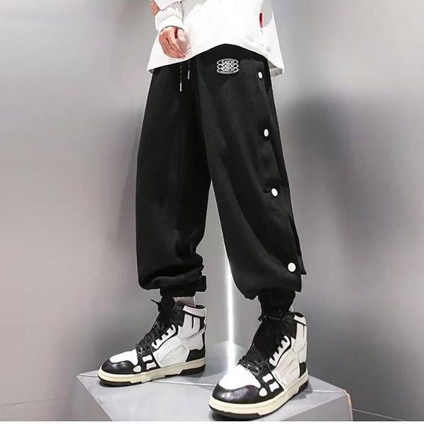 

pants japanese fashion men hip hop pants thin spring summer button both side trousers unique design teenager loose straight trousers, Black