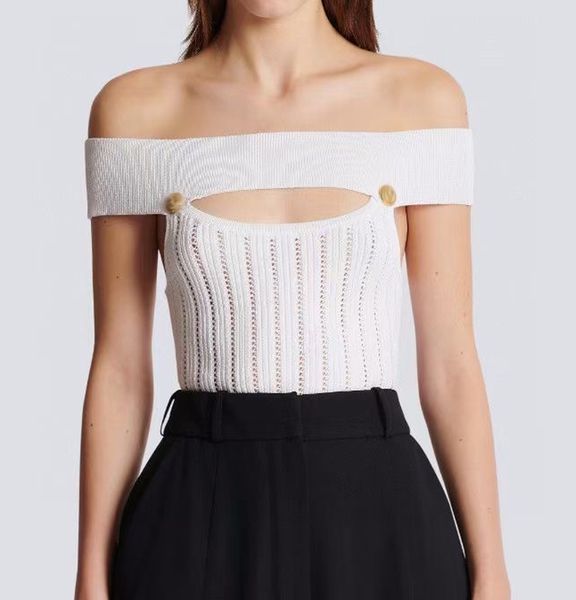 

women's knits & tees fashion luxury queen off shoulder metal decorations high stretch knitted hollow bodysuit b1006, White