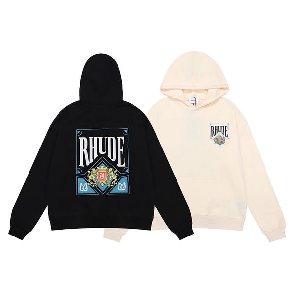 

american fashion brand rhude card playing card printed cotton terry hoodie sweater mens and womens black apricot s m  xl