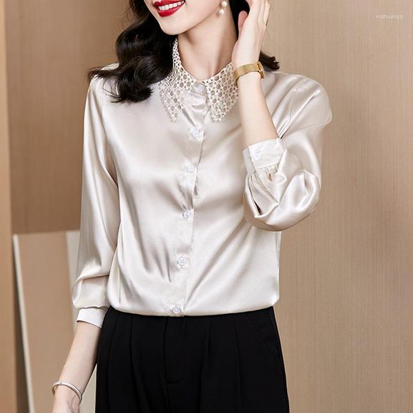 

women's blouses acetate satin long-sleeved shirt women 2023 spring and summer french fashion temperament lapel loose large size casual, White