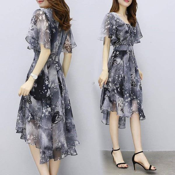 

casual dresses women chiffon print dress new ladies elegant v-neck flare sleeve irregular knee-length dress vestidos female summer clothes 2, Black;gray
