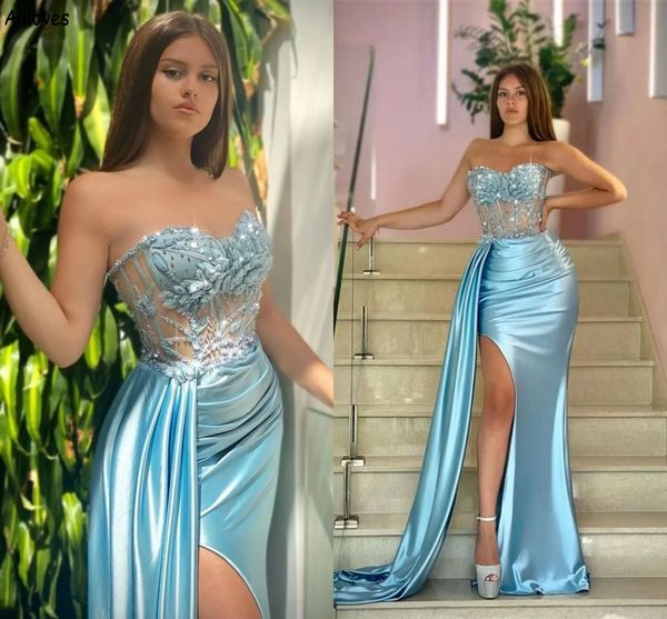 

light sky blue satin mermaid prom dresses sweetheart see through corset lace applique beaded evening parry gowns with peplum side split wome, Black