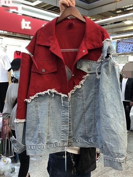

women's jackets vintage grunge contrast color denim jackets women korean fashion ripped patchwork jeans coats harajuku streetwear 23050, Black;brown