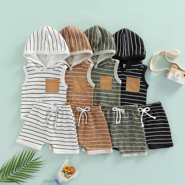

clothing sets baby boys suit sleeveless hooded striped print vest + summer casual drstring short pants aa230504, White