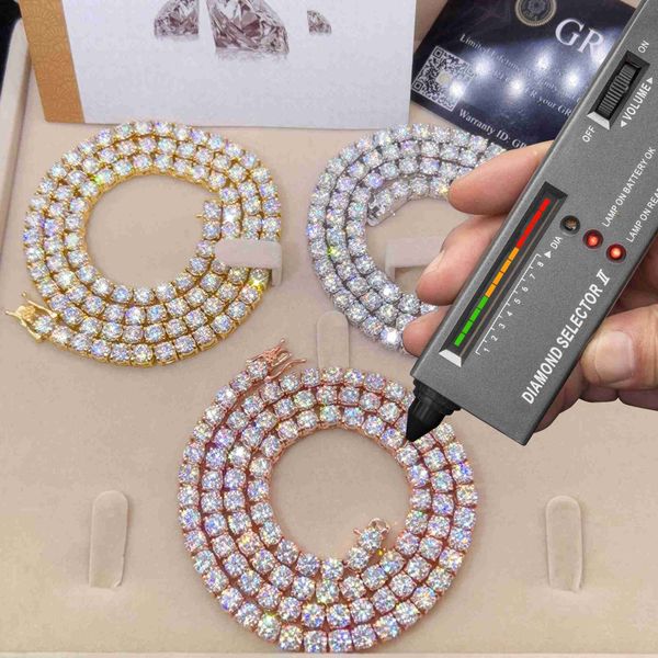 

pass diamond tester iced out vvs moissanite 2/3/4/5/6.5mm available moissanite sterling silver men's tennis necklace chain