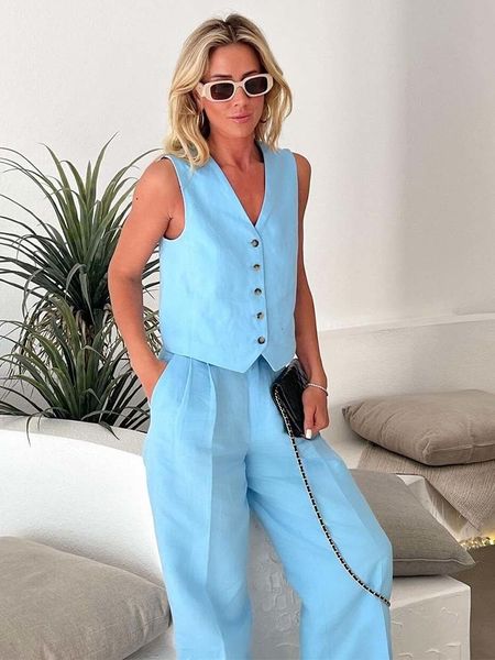 

womens two piece pants klkxmyt traf women 2 pieces sets fashion linen vest straight office suit vintage woman outfit 230505, White