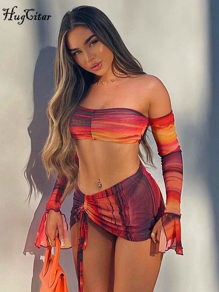 

two piece dress hugcitar print strapless long slit sleeve patchwork crop shirring bandage skirt 2 pcs set fall y2k beach party outfit 230504, White