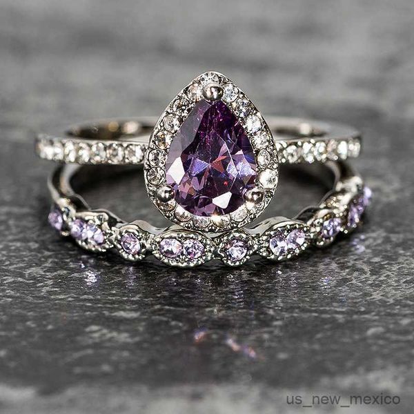 

band rings new purple stone crystal engagement rings for women drop shape zircon vintage bridal wedding ring jewelry, Silver