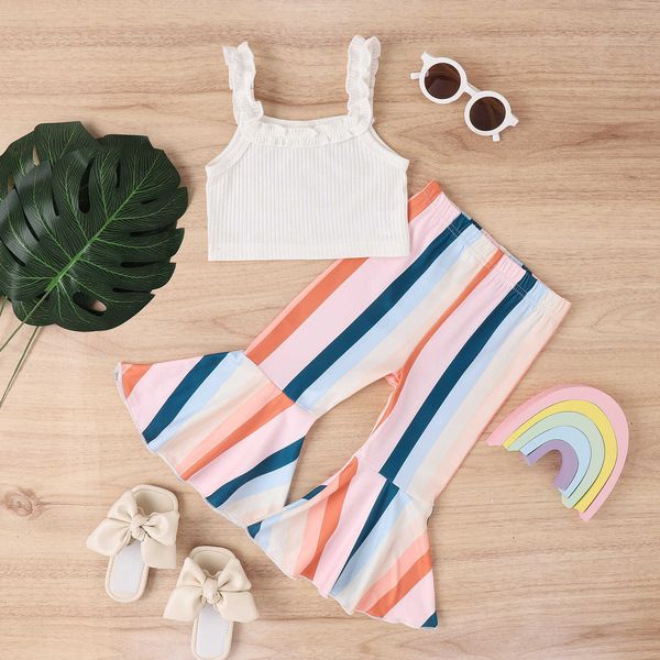 

clothing sets focusnorm 2pcs toddler girls summer clothes sets ruffles sleeveless sling vest + colorful striped flared pants aa230504, White