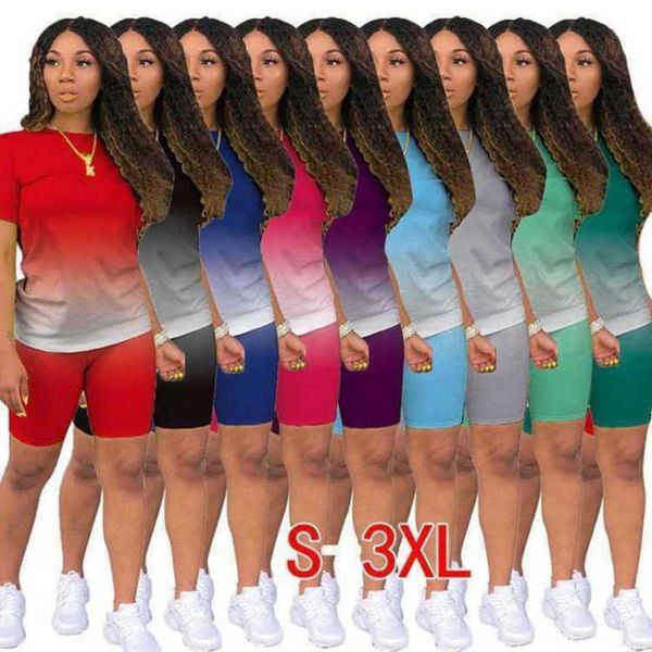 

gradient women tracksuits designer new 2 piece pants set casual sports short sleeve t shirt biker shorts suits ladies clothes plus size 3xl, Gray