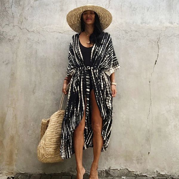 

casual dresses halo dyeing beach cover up summer vintage kimono with sashes swimwear oversized long cardigan holiday bohemian covers 230505, Black;gray