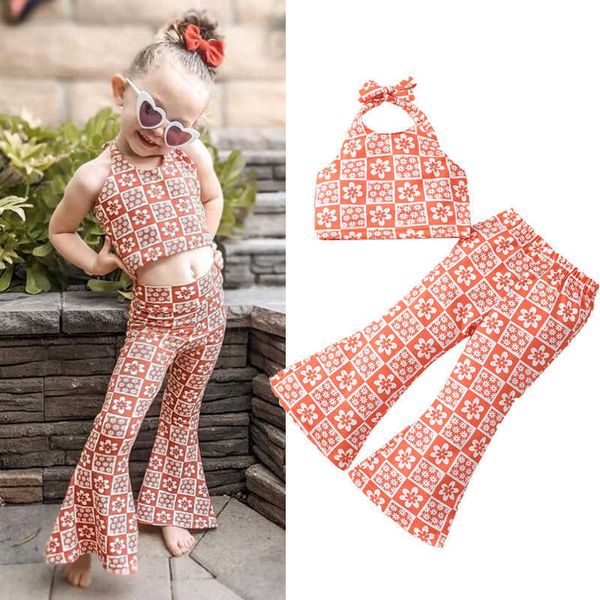 

clothing sets focusnorm 1-6y fashion little girls summer clothes sets flower print halterneck sleeveless vest and casual elastic flared pant, White