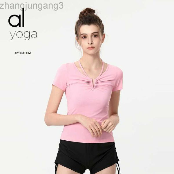

desginer alo yoga t shirt new suit for spring and summer women's short sleeve v-neck nude tight sports t-shirt sports top, White