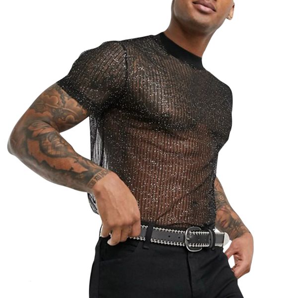 

men s t shirts sequins t shirt round neck short sleeve sequin transparent mesh t shirts summer male club party tshirts camiseta 230504, White;black