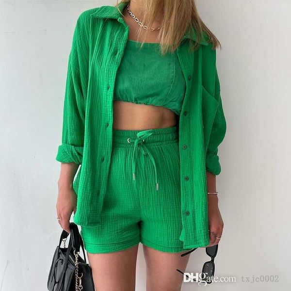 

2023 classic women tracksuits designer two piece pants sets ladies wrinkle collar long sleeve shirt high waist drawstring shorts suit, Gray