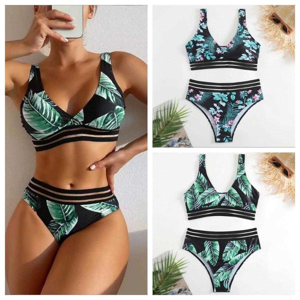 

bikini printed lace trim split swimsuit women swimwear, White;black