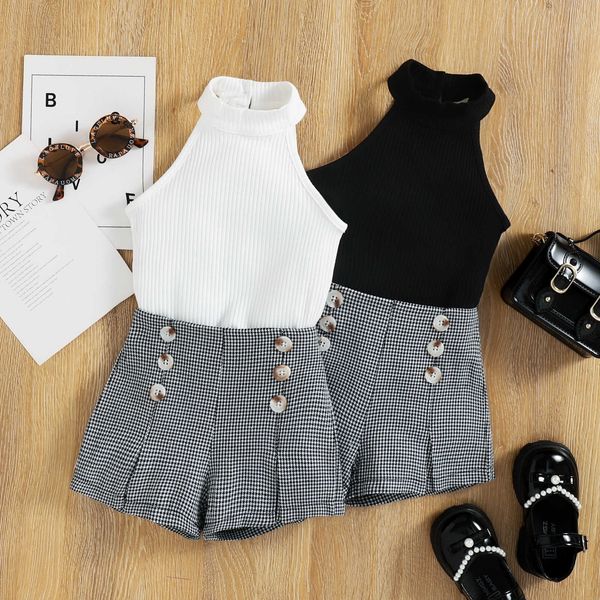 

clothing sets focusnorm 0-5y summer fashion 2pcs little girls clothes sets halter sleeveless knit vest +plaid printed high waist shorts aa23, White