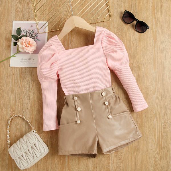 

clothing sets focusnorm 1-6y fashion kids girls 2pcs clothes sets solid ribbed long puff sleeve square collar +high waist leather shorts aa2, White