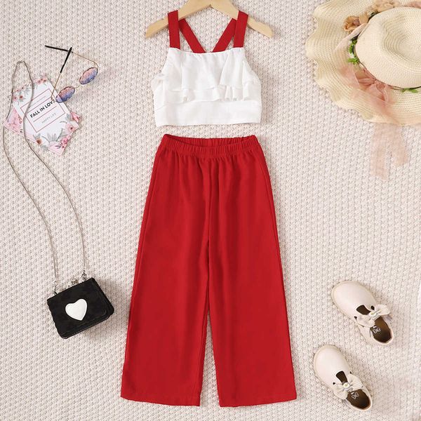 

clothing sets focusnorm summer fashion kids girls clothes sets 3-7y sleeveless ruffled camisole with long trousers outfit clothing aa230504, White
