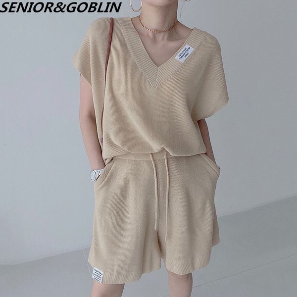 

womens two piece pants knitted 2 set women tracksuit short sleeve loose knit sweater drawstring high waist shorts female casual sweatshirt, White