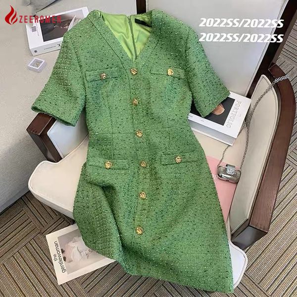 

casual dresses highend solid green tweed dress french vintage temperament singlebreasted vneck short sleeve waist slim dress women 230505, Black;gray