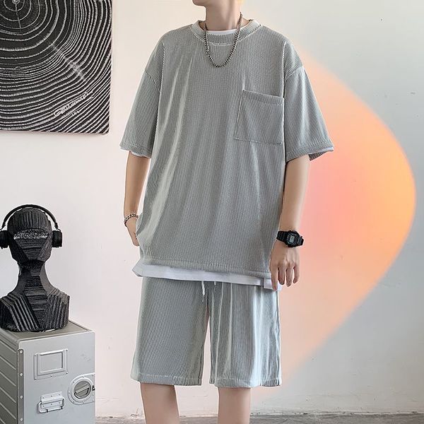 

men s tracksuits ice silk breathable short sleeved t shirt shorts summer thin pocket loose drawstring comfortable soft drape 2 pcs sets 2305, Gray