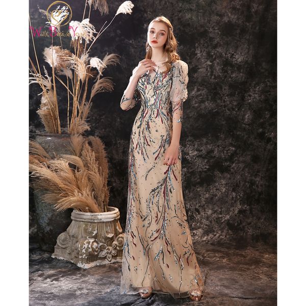 

party dresses mermaid evening sequined long 34 sleeves floor length champagne prom gowns formal stock walk beside you 230505, White;black