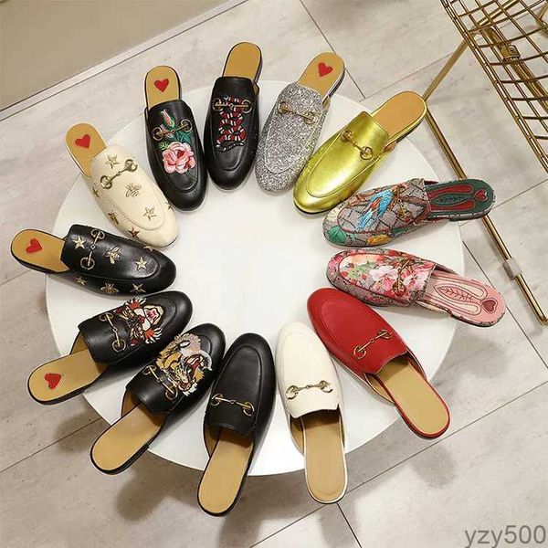 

2023 womens men genuine leather loafers slipper fur muller slippers with buckle fashion women mens princetown dress ladies casual fur mules, Black