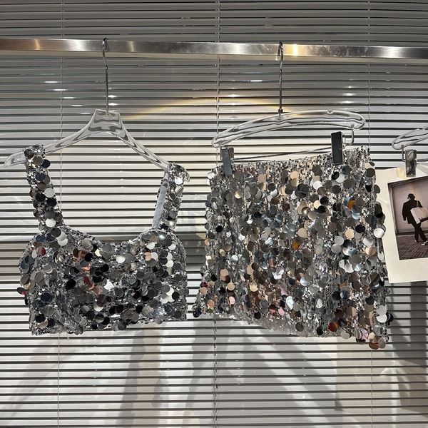 

two piece dress prepomp summer square collar sleeveless silver sequins vest women crop short skirt set outfits gh550 230505, White