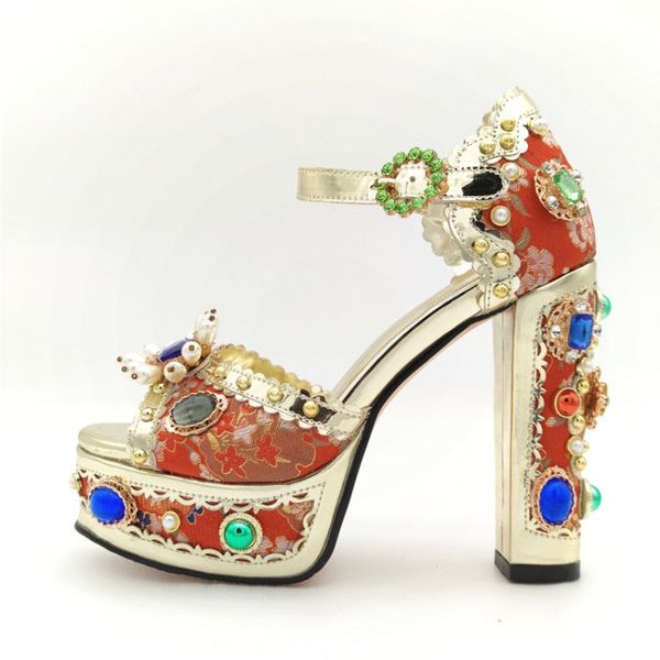 

retro jewel-embellished metallic leather platform sandals embroidery chunky heels banquet dress shoes big size, Black