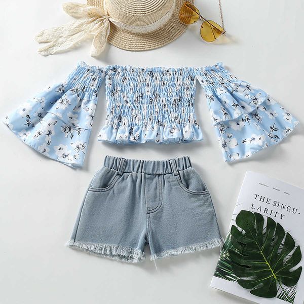

clothing sets focusnorm 2-7y summer lovely kids girls 2pcs clothes sets off shoulder flowers printed long flare sleeve t shirts+denim shorts, White