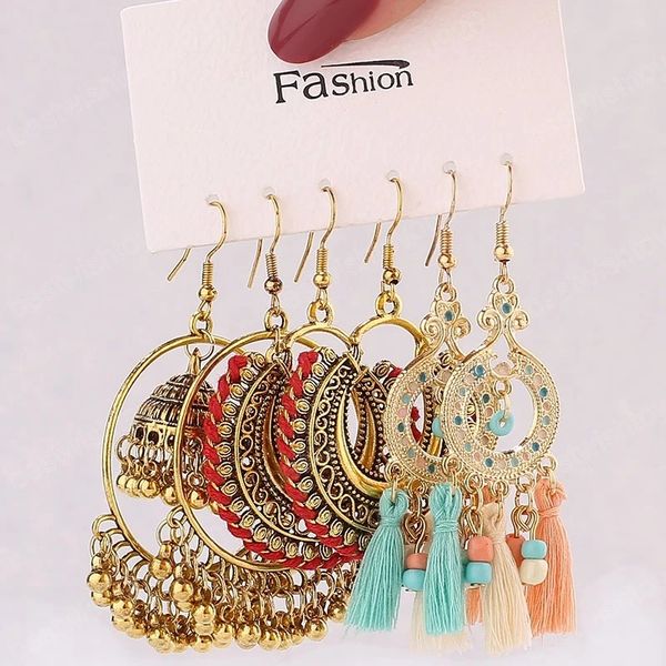 

ethnic indian bells tassel earrings set for women bohemian vintage gold metal geometric drop earrings jhumka jewelry, Silver