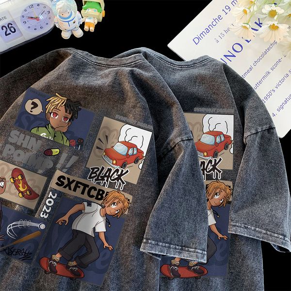 

mens tshirts american fashion brand washed old heavy shortsleeved tshirt summer high street pure cotton threequarter sleeve 230505, White;black