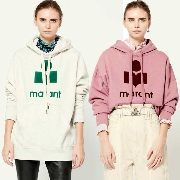 

isabel marant 23ss designer sweatshirt fashion pullover french style is classic flocking printed cotton women loose hoodie, Black