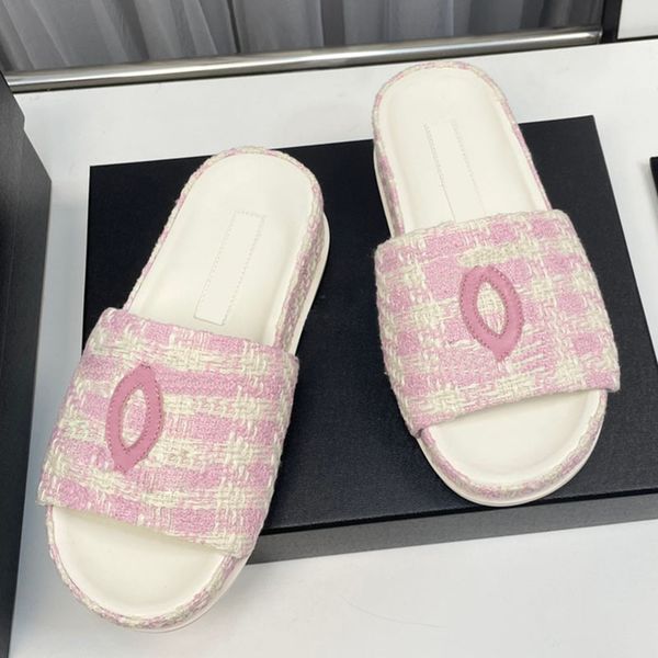 

tweed womens platform heels slippers retro round toes slip on sandals designer comfortable outdoor casual shoe girls slides mules luxurys dr, Black