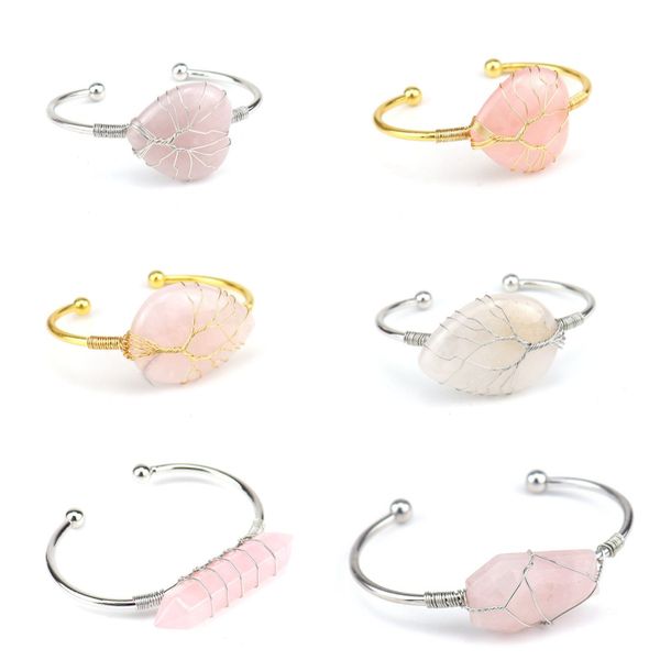 

wholesale multiple shape rose quartz stone charm bracelet wire warp natural healing gemstone adjustable bracelet for women, Golden;silver