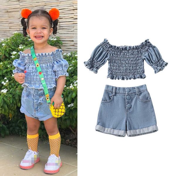 

clothing sets focusnorm 1-6y summer fashion kids girls 2pcs clothes sets denim ruffles off shoulder short sleeve +high waist pants aa230504, White