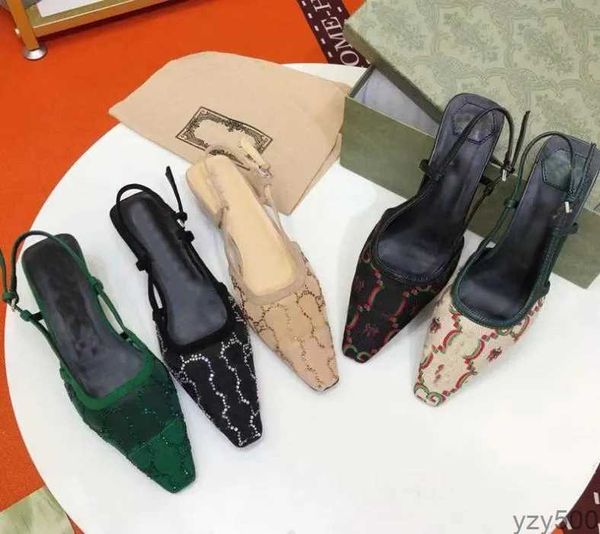 

rhinestone mesh shoes women sandals women's small square head stiletto high heels new style cat heel empty leather women's mid-hee, Black