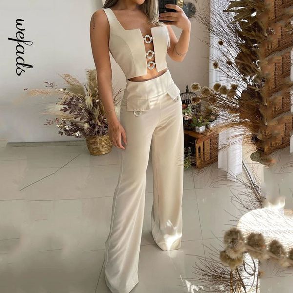 

womens two piece pants wefads women set summer sleeveless hollow square neck solid tank loose wide legs with fake pockets sets 230505, White